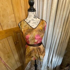 Nikibiki V-Neck Floral Blouse in Pink, Gold, and Brown